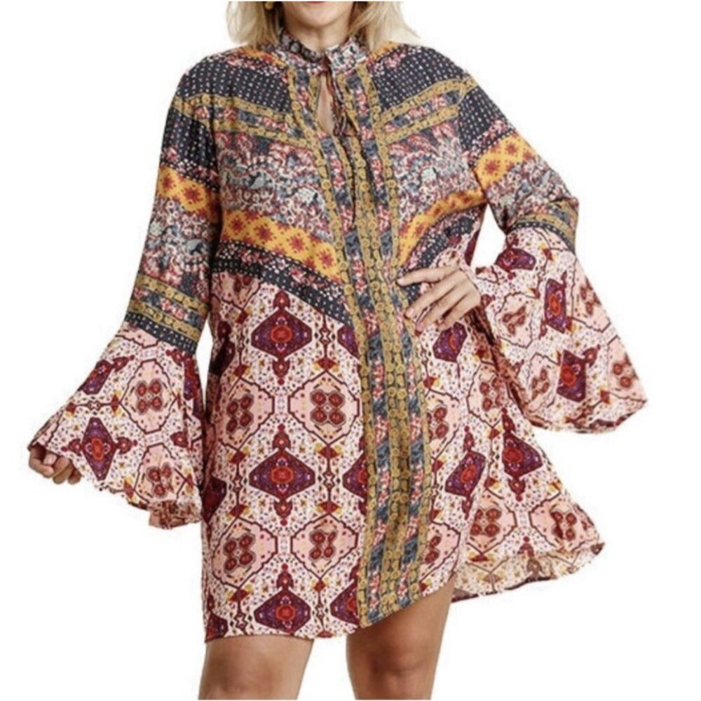UMGEE Women’s Boho Tunic Mini Dress Small Size Bell Sleeves Rayon - Picture 11 of 12